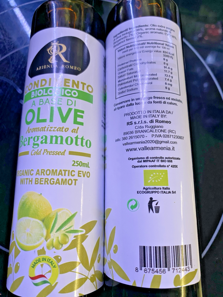 DUE BOTTIGLIE DA 250 ML DI OLIO EXTRAVERGINE BIOLOGICO AL BERGAMOTTO CALABRIA
