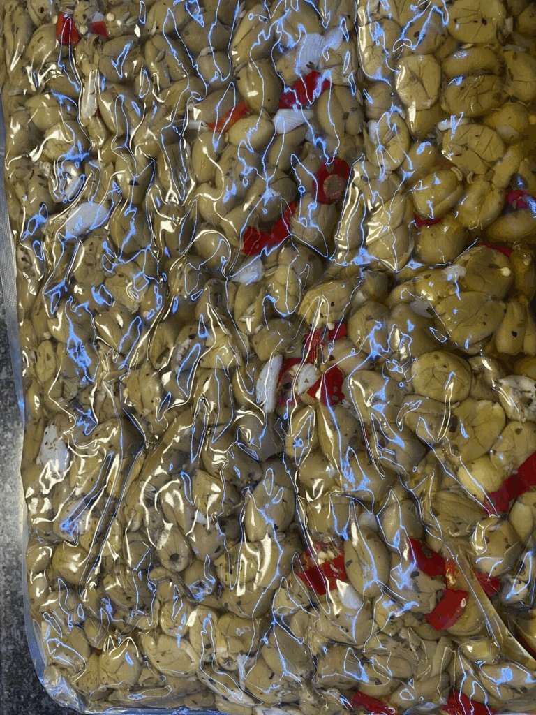 2,600 kg OLIVE SCHIACCIATE FORMATO FAMIGLIA BUSTA CONDITE ALLA CALABRESE CUCINA